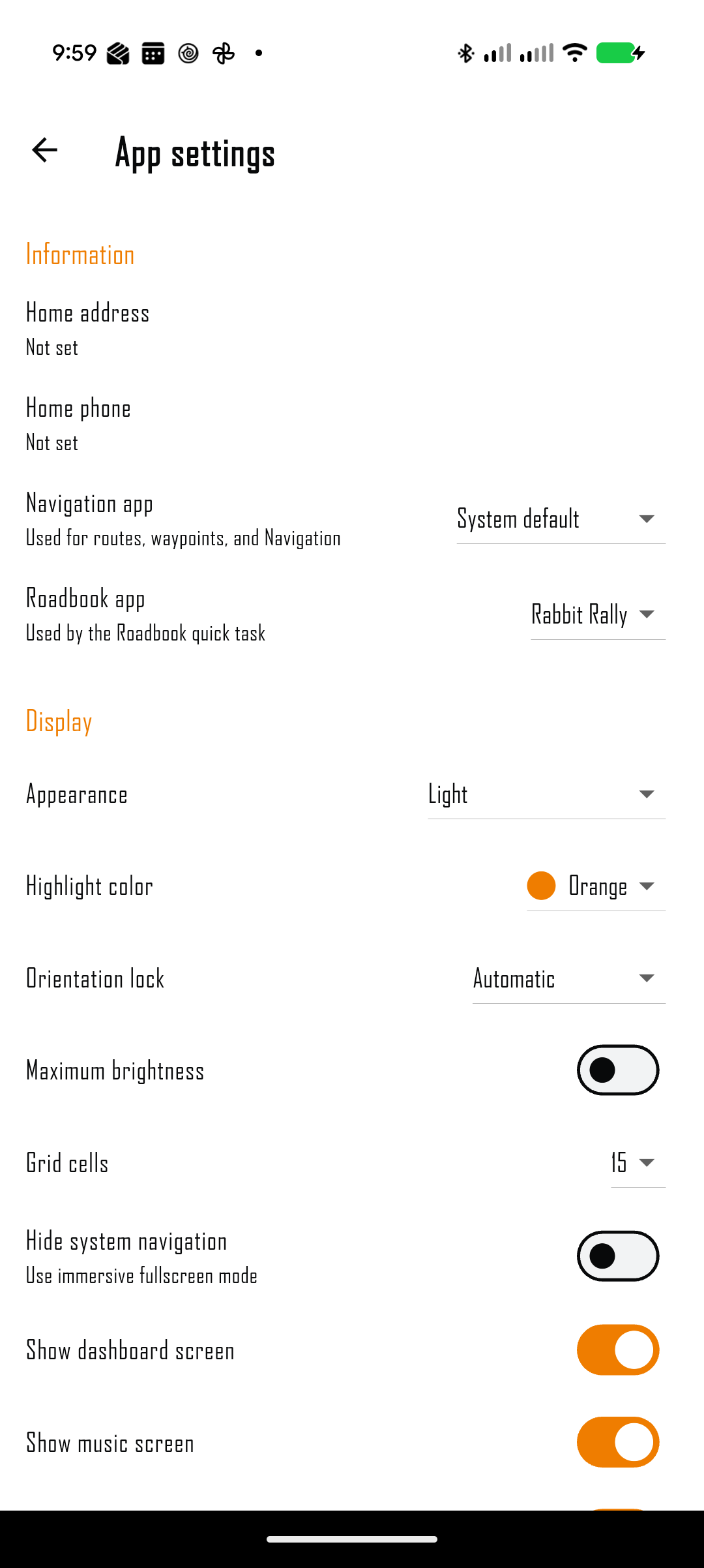 WunderLINQ application settings screen
